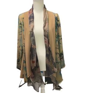 Soft Surroundings Open Front Layered Cardigan Brown Gold Cardinals Birds Sz PXS